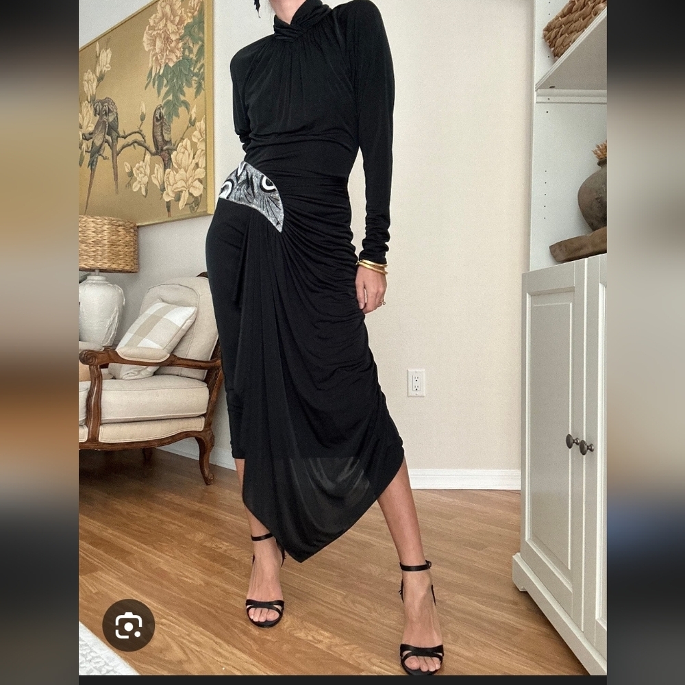 Vintage 90s CASADEI Draped Open Back Asymmetric Black Dress Size 4